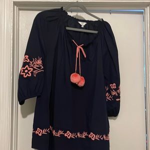 Crown and Ivy pullover top navy blue with pink trim and pink pompom tie